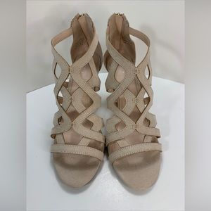 Kelly & Katie Women's Suede Tan/Champaign High-Heel Sandals Strappy Shoes 8.5